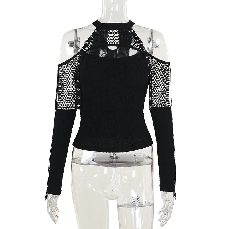 Goth  Fishnet Off Shoulder T-shirts Strap Halter Top