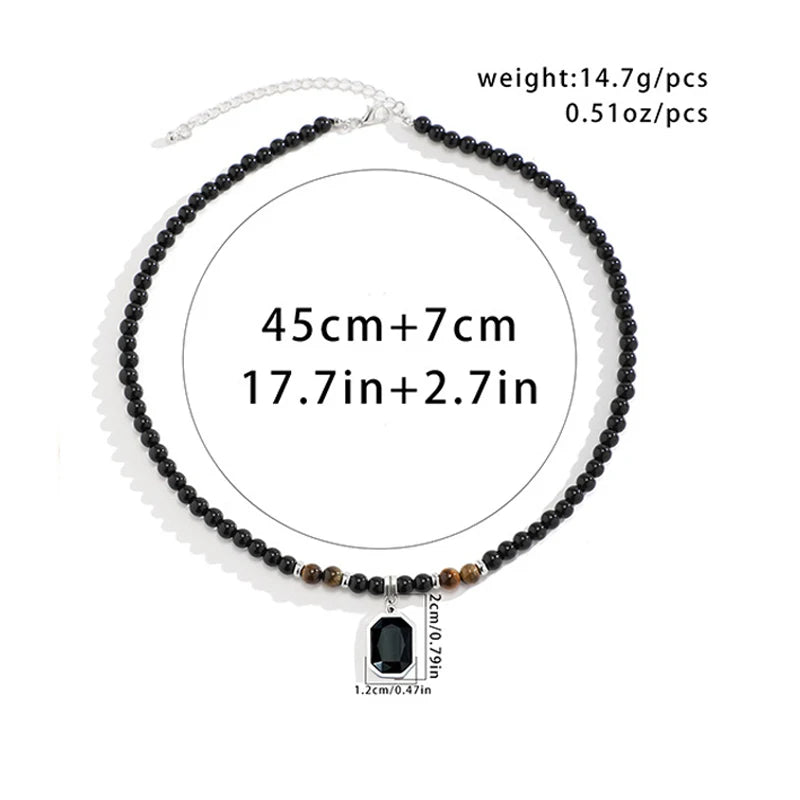 Black Beads with Square Pendant Necklace for Men Trendy Accessories on the Neck Collar 2025 Fashion Jewelry Male Gift Decoration