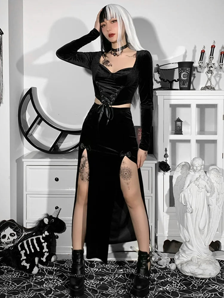 Goth Vintage Black Velvet Split Skirt