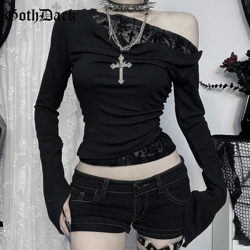 Goth Long Sleeve Oblique Shoulder Top