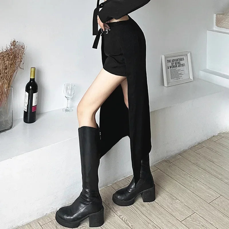 Goth Mini Skirts Irregular Hem High Waist Cargo Skirt