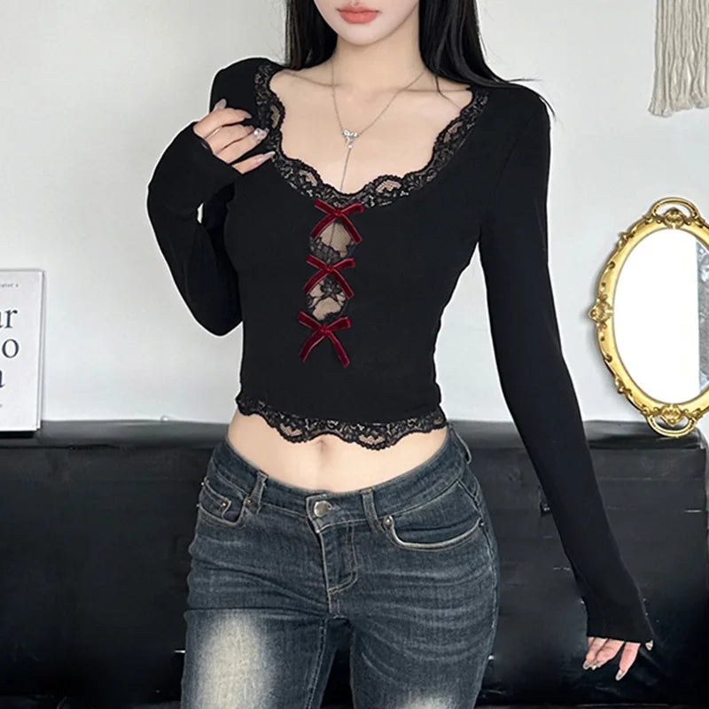 AltGoth Hollow Out Bow Patchwork Crop Tee Top