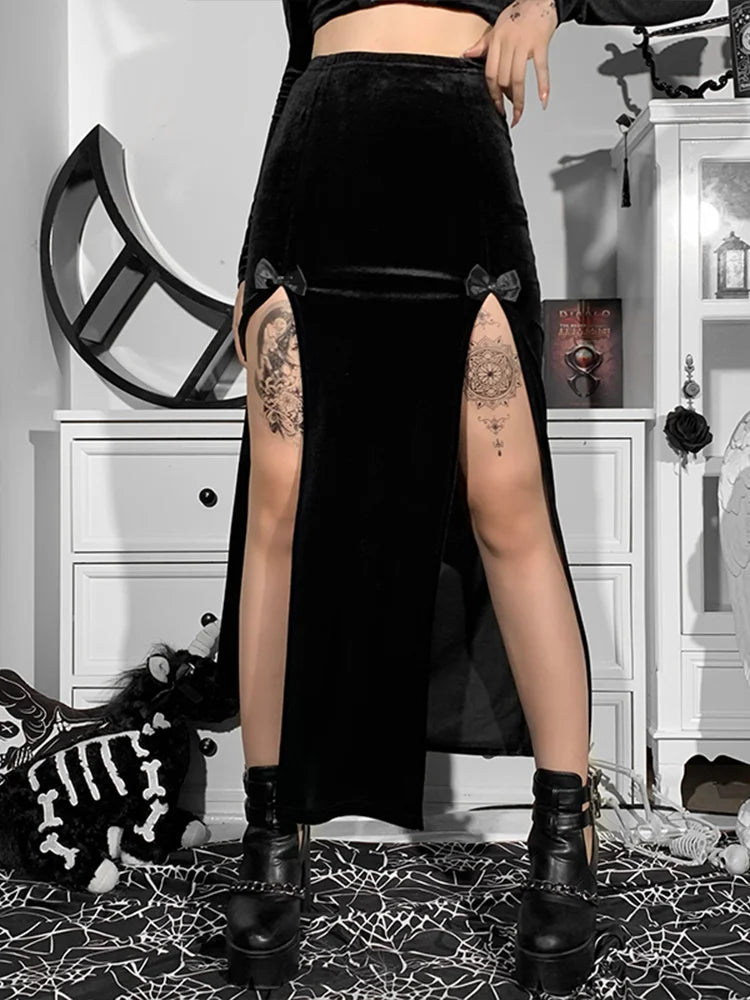 Goth Vintage Black Velvet Split Skirt