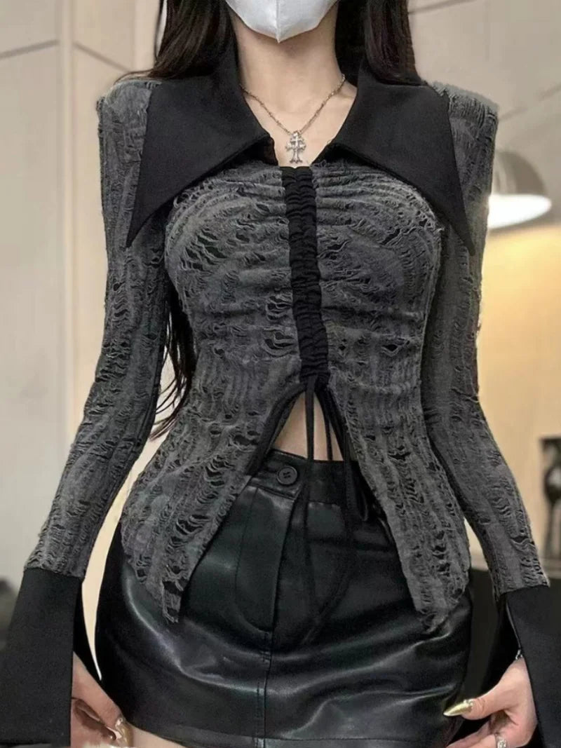 Goth Dark Style Polo Neck T-shirt Split Drawstring Long Sleeved