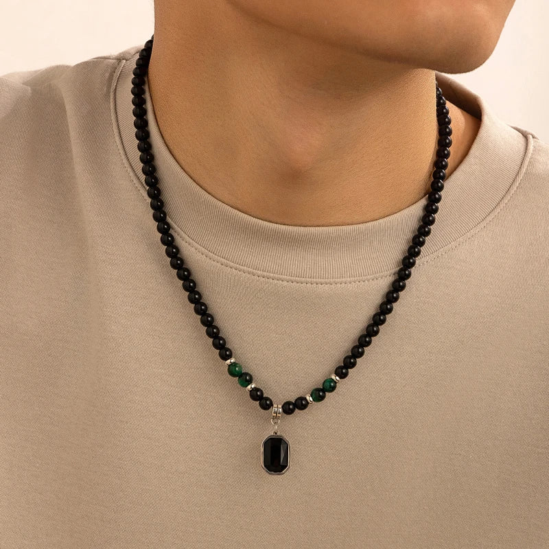 Black Beads with Square Pendant Necklace for Men Trendy Accessories on the Neck Collar 2025 Fashion Jewelry Male Gift Decoration
