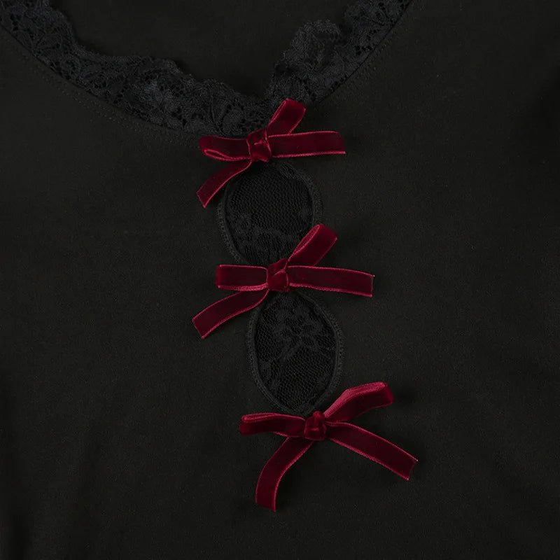 AltGoth Hollow Out Bow Patchwork Crop Tee Top