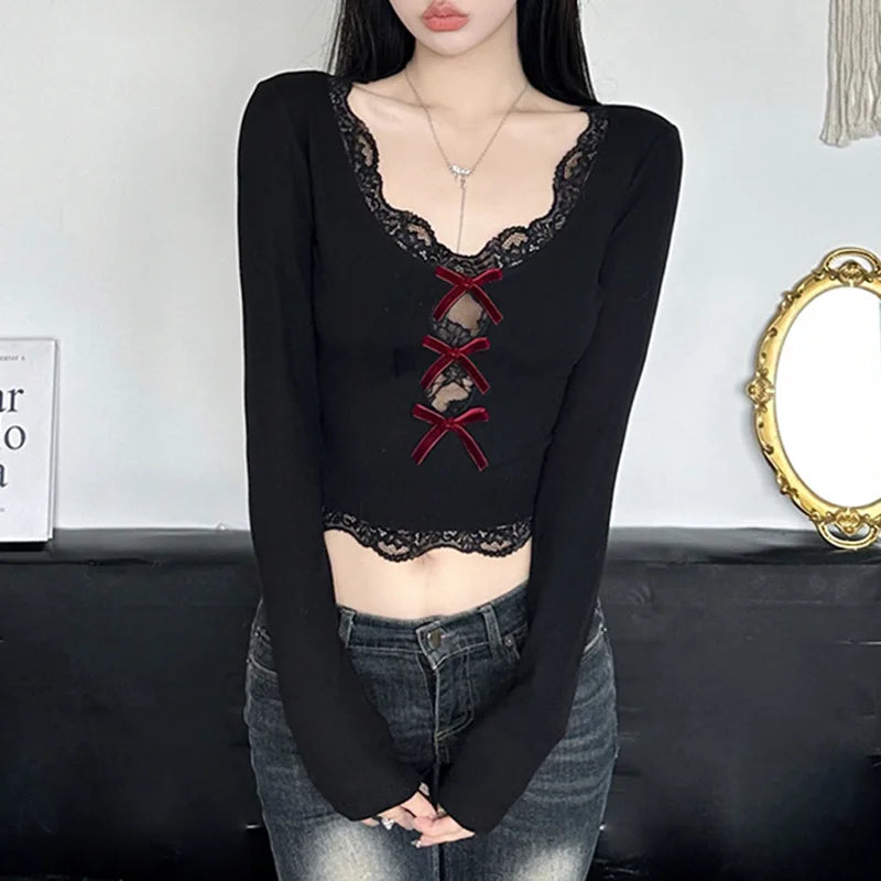 AltGoth Hollow Out Bow Patchwork Crop Tee Top