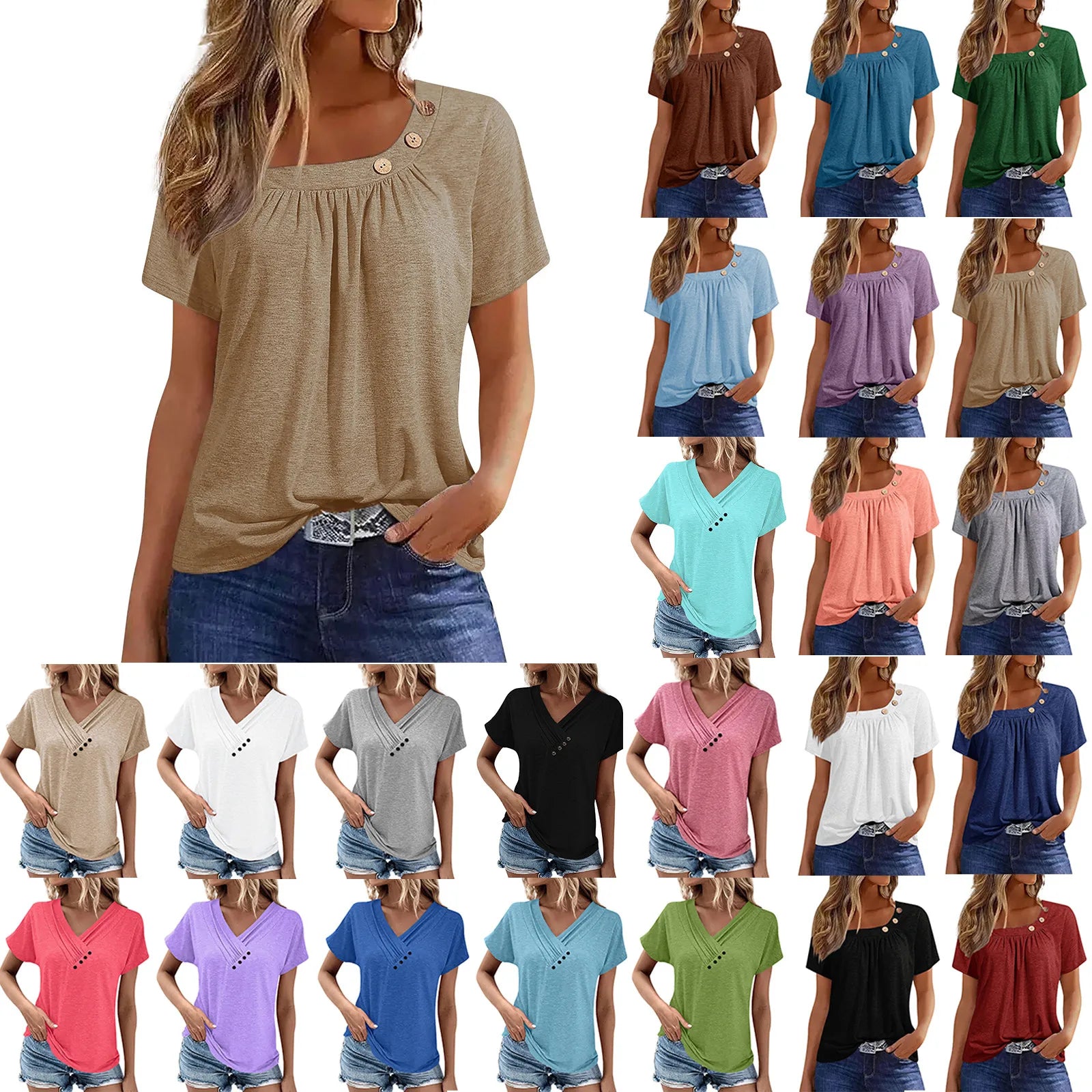Summer Casual ButtonShort Sleeve V Neck Oversized Clothing