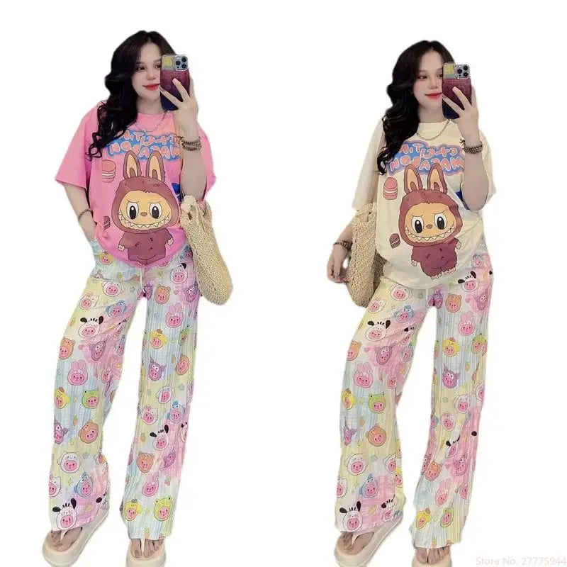 Labubu 2pcs Set Print T-Shirt And Pants Anime Cartoon Short Sleeved Shirt Casual Fashion Kawaii Cute Woman Outdoor Clothing Gift
