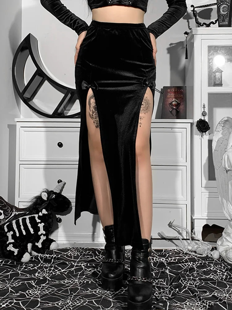 Goth Vintage Black Velvet Split Skirt