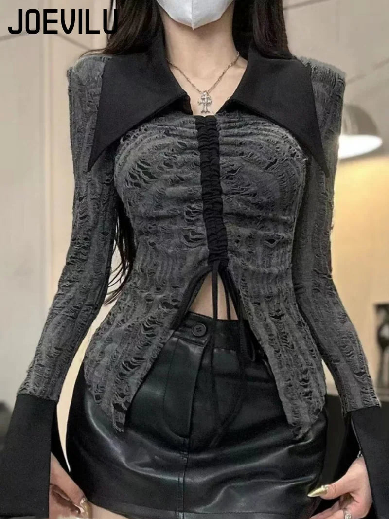 Goth Dark Style Polo Neck T-shirt Split Drawstring Long Sleeved