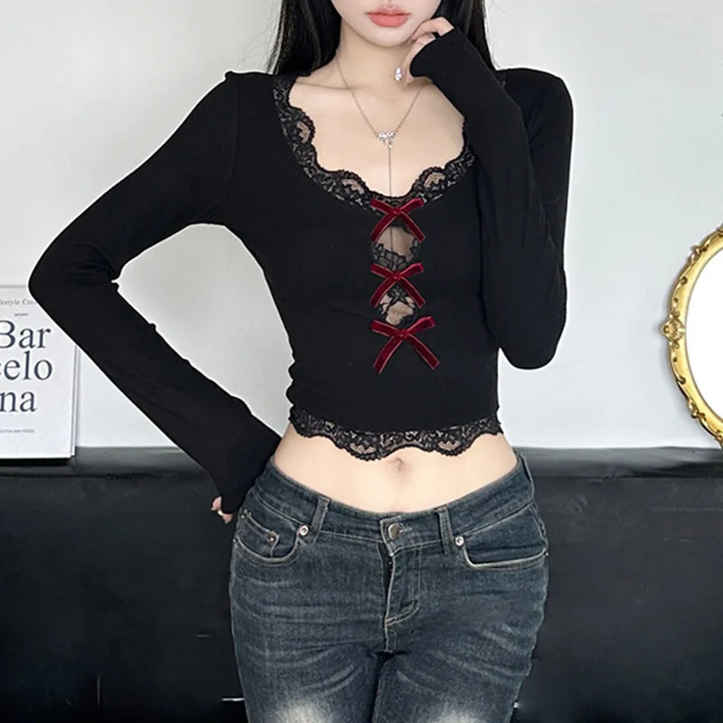 AltGoth Hollow Out Bow Patchwork Crop Tee Top
