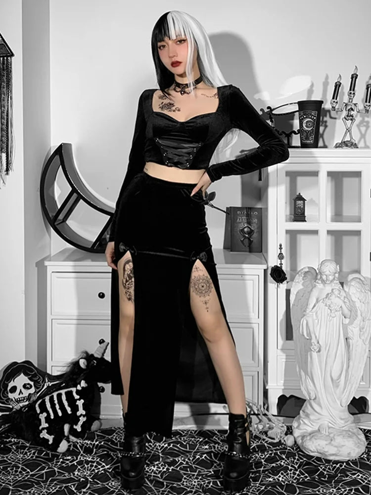 Goth Vintage Black Velvet Split Skirt