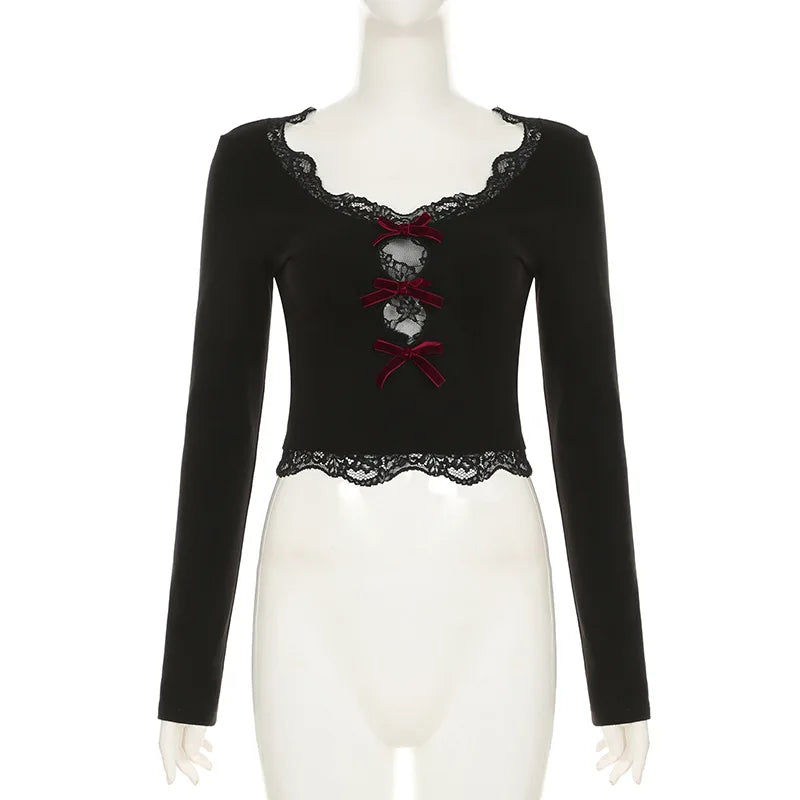 AltGoth Hollow Out Bow Patchwork Crop Tee Top