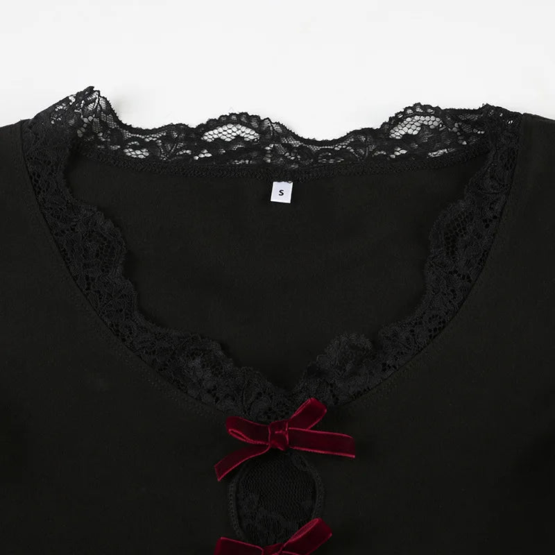 AltGoth Hollow Out Bow Patchwork Crop Tee Top