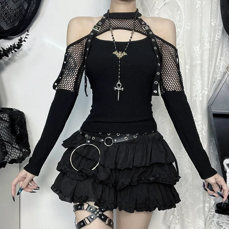 Goth  Fishnet Off Shoulder T-shirts Strap Halter Top