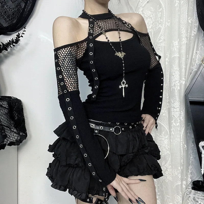 Goth  Fishnet Off Shoulder T-shirts Strap Halter Top
