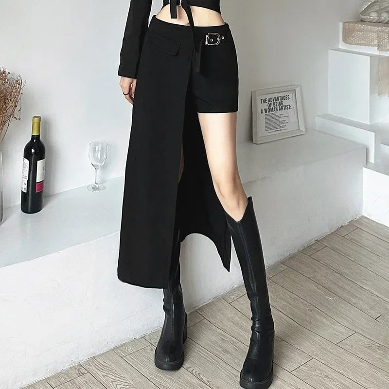 Goth Mini Skirts Irregular Hem High Waist Cargo Skirt