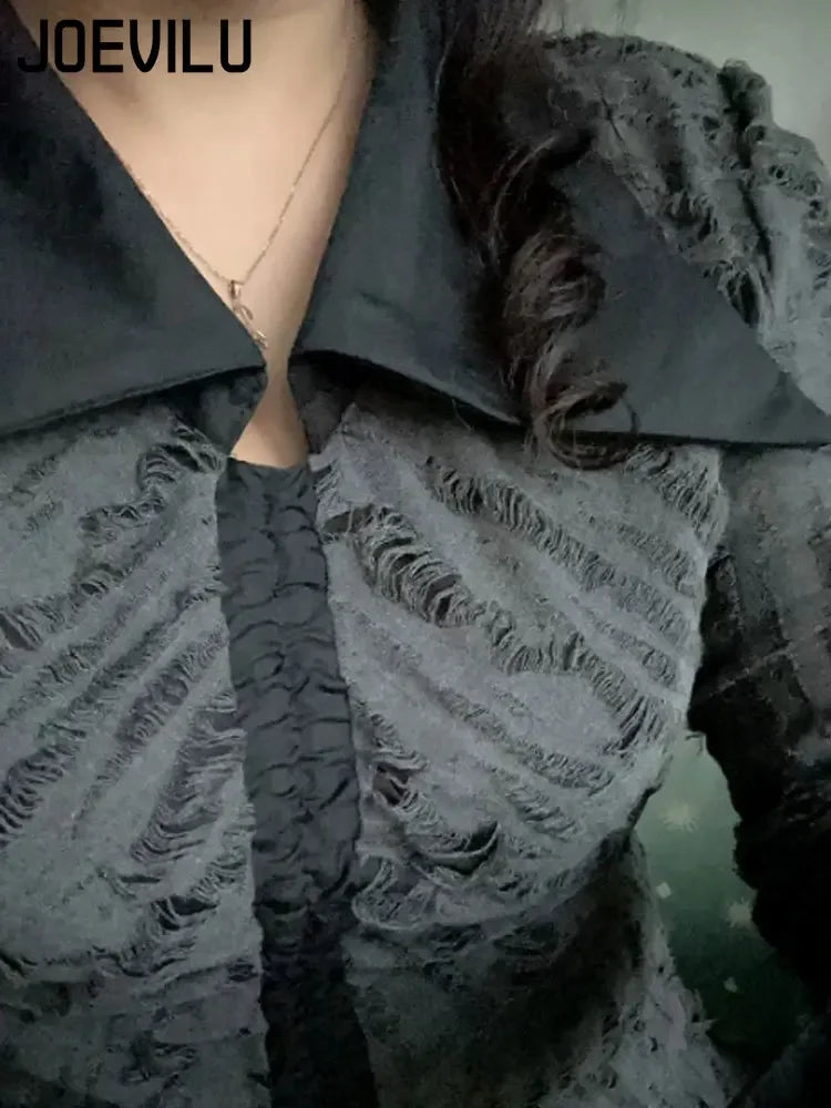 Goth Dark Style Polo Neck T-shirt Split Drawstring Long Sleeved