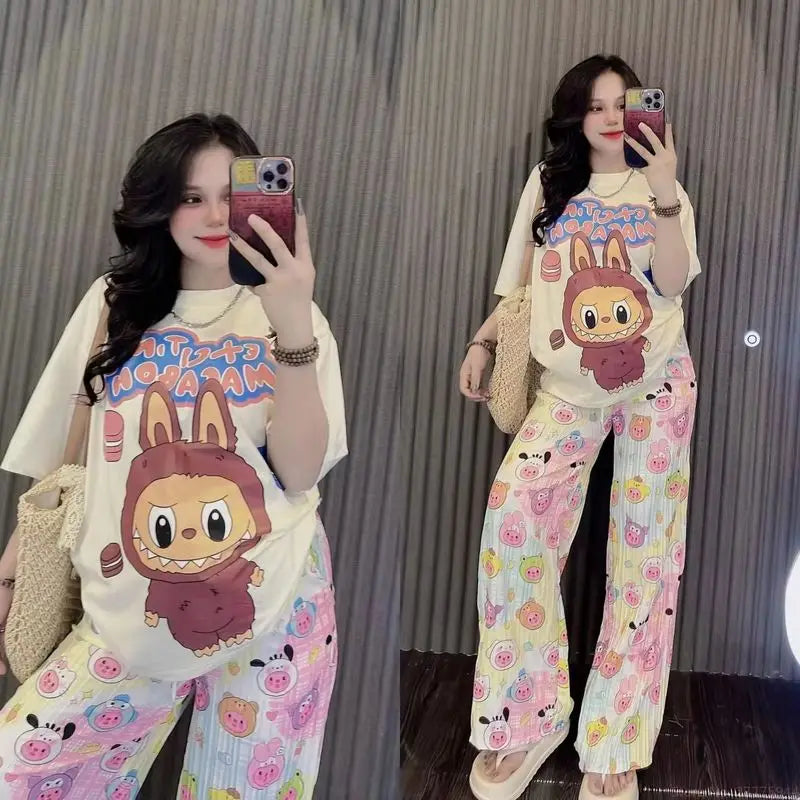 Labubu 2pcs Set Print T-Shirt And Pants Anime Cartoon Short Sleeved Shirt Casual Fashion Kawaii Cute Woman Outdoor Clothing Gift