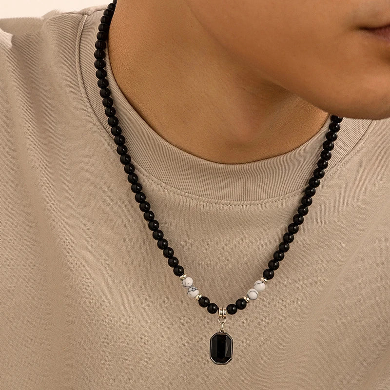 Black Beads with Square Pendant Necklace for Men Trendy Accessories on the Neck Collar 2025 Fashion Jewelry Male Gift Decoration