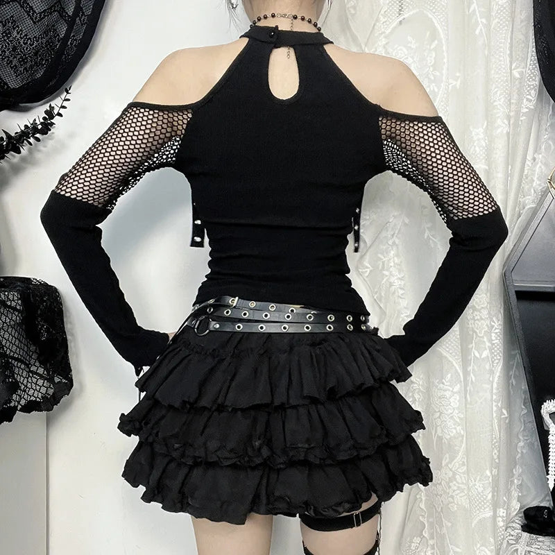 Goth  Fishnet Off Shoulder T-shirts Strap Halter Top