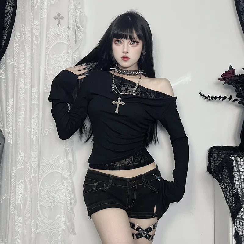 Goth Long Sleeve Oblique Shoulder Top