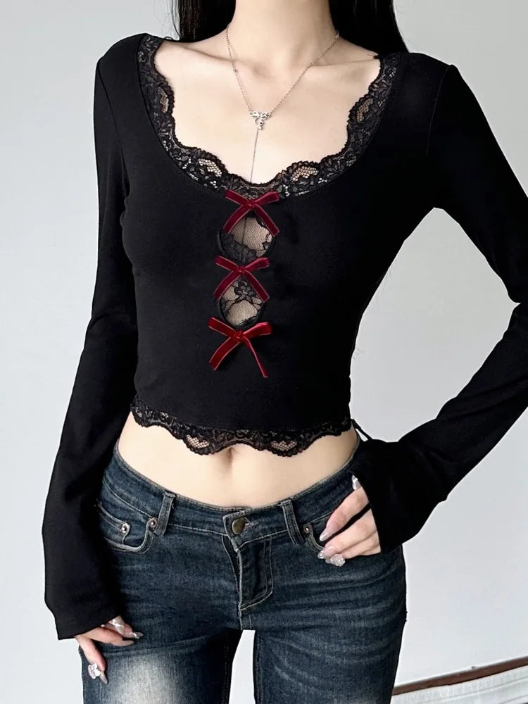 AltGoth Hollow Out Bow Patchwork Crop Tee Top