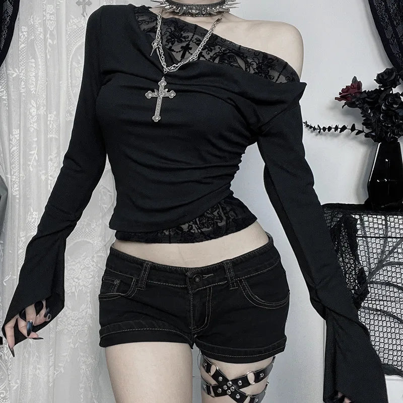 Goth Long Sleeve Oblique Shoulder Top