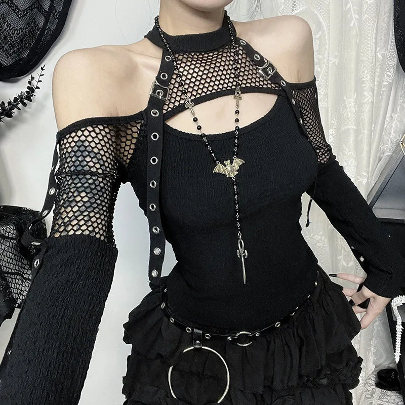 Goth  Fishnet Off Shoulder T-shirts Strap Halter Top
