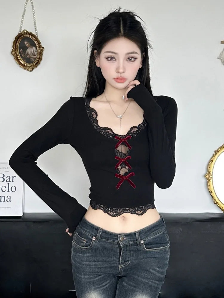 AltGoth Hollow Out Bow Patchwork Crop Tee Top