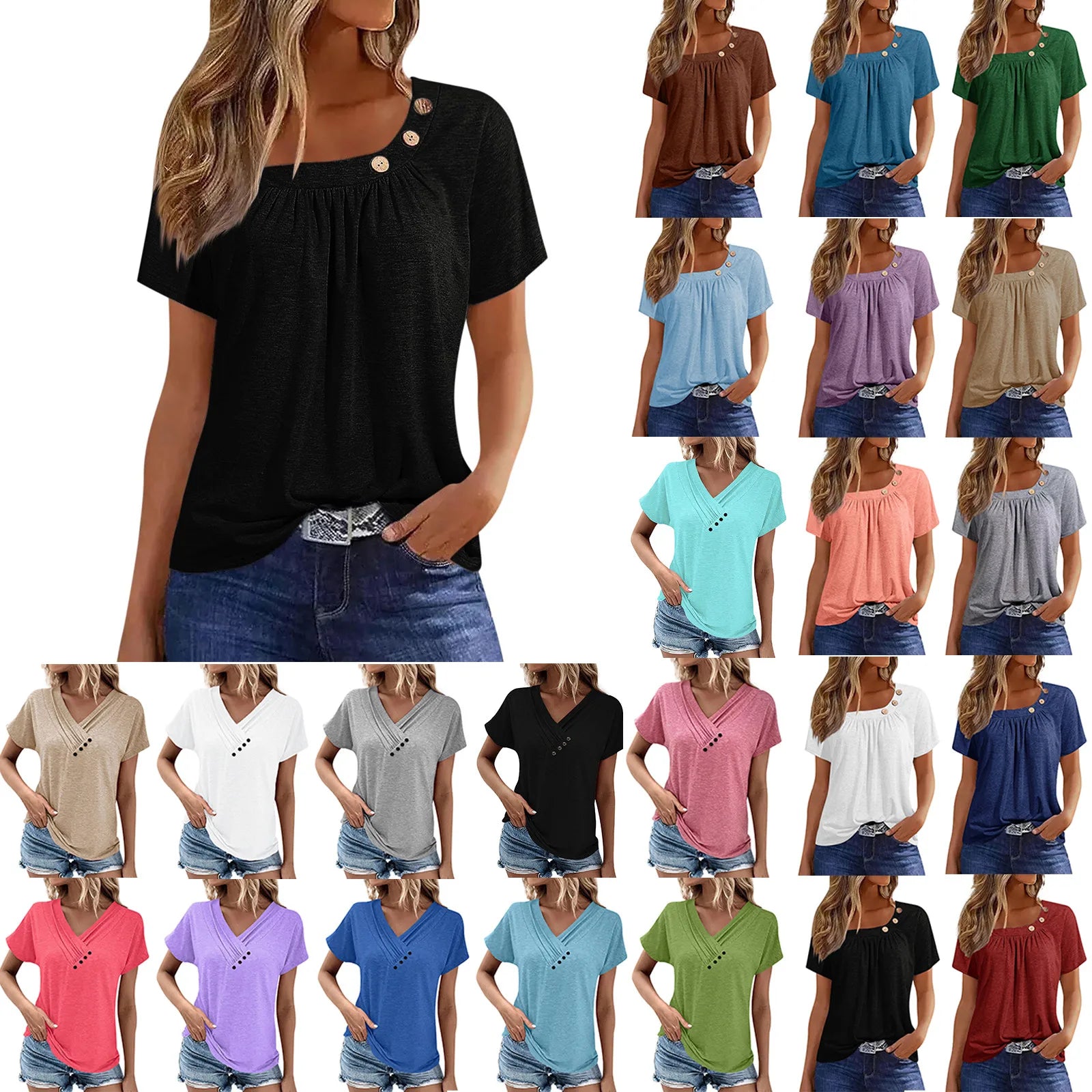 Summer Casual ButtonShort Sleeve V Neck Oversized Clothing