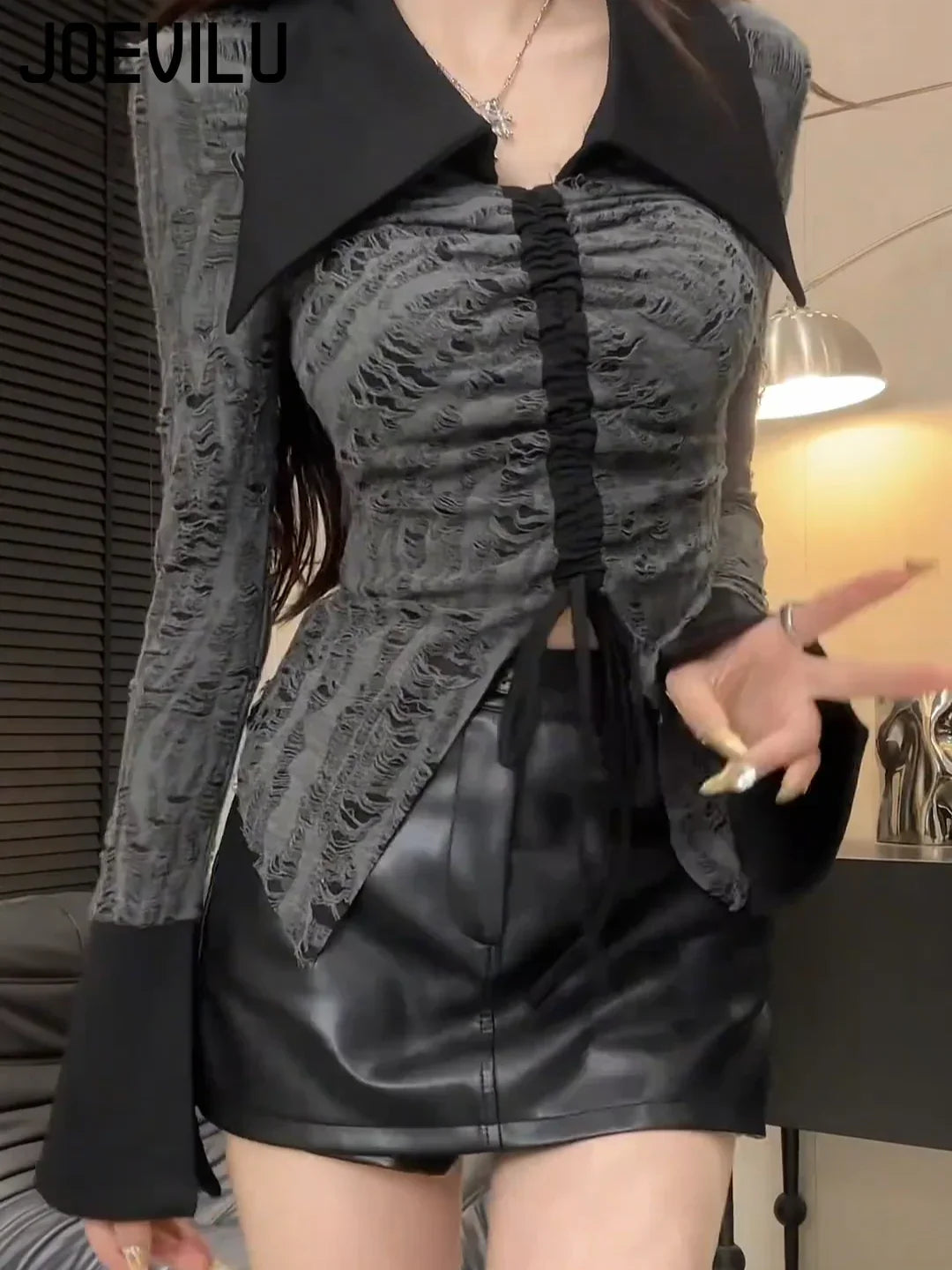 Goth Dark Style Polo Neck T-shirt Split Drawstring Long Sleeved