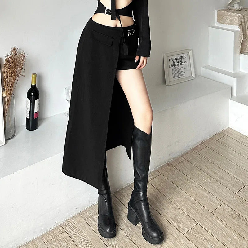 Goth Mini Skirts Irregular Hem High Waist Cargo Skirt