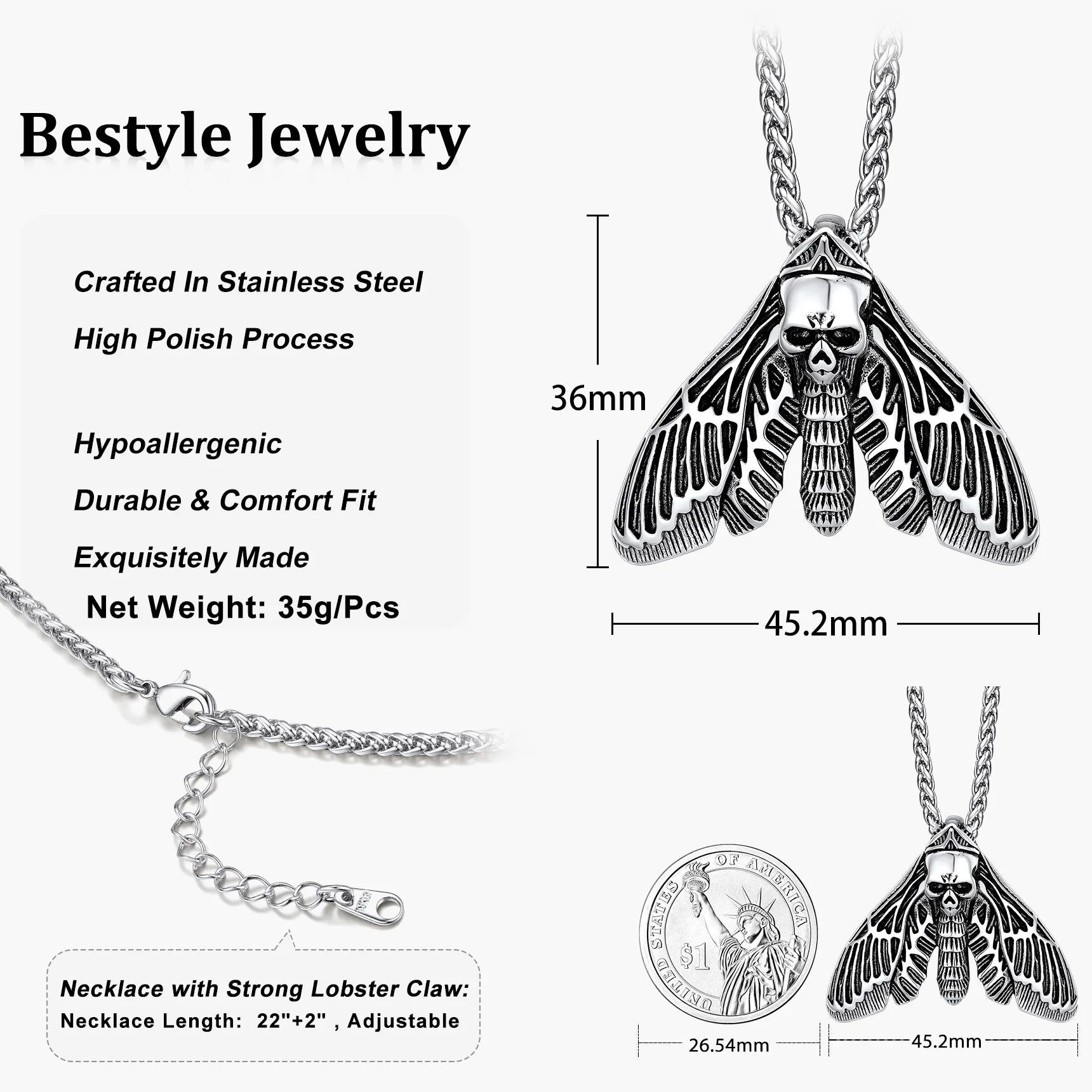 Death Head Moth Pendant Necklace for Men Stainless Steel Skull Butterfly Necklace Gothic Punk Jewelry Halloween Party