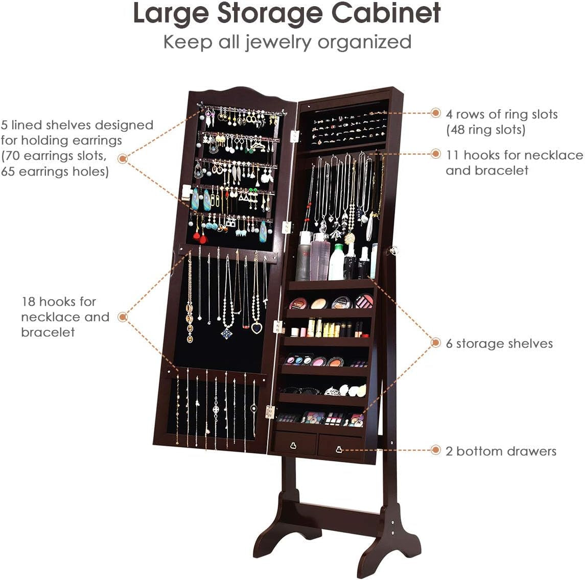 Jewelry Armoire Organizer with Full Length Mirror, 14 Leds Floor Standing Jewelry Cabinet with 2 Drawers, 4 Adjustable Angles, Lockable Jewelry Storage Box Cabinet (Brown)