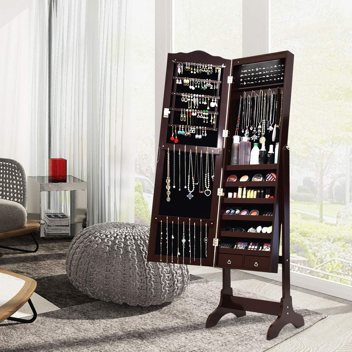 Jewelry Armoire Organizer with Full Length Mirror, 14 Leds Floor Standing Jewelry Cabinet with 2 Drawers, 4 Adjustable Angles, Lockable Jewelry Storage Box Cabinet (Brown)