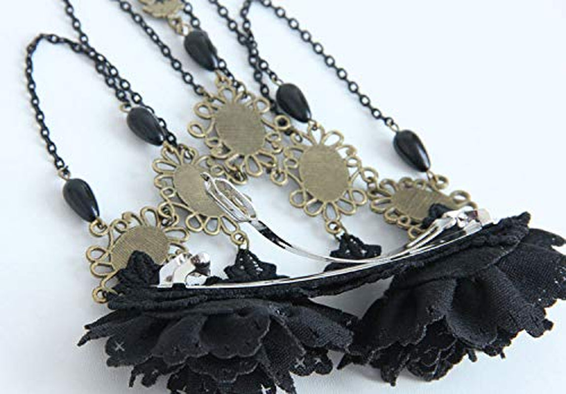 Gothic Vintage Black Lace Rose Flower Hair Clip with Pearl Chain Tassels Hair Barrettes for Women Princess Headwear