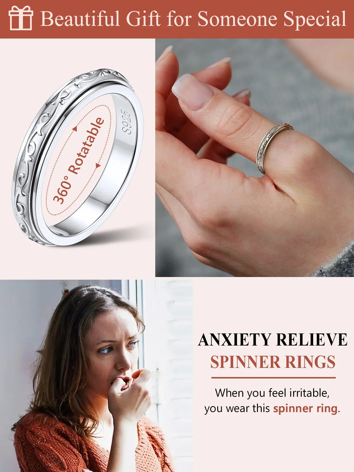 S925 Sterling Silver Fidget Rings Embossed Celtic Spinner Rings Anxiety Stress Relieving Band Gifts for Women, Size 6