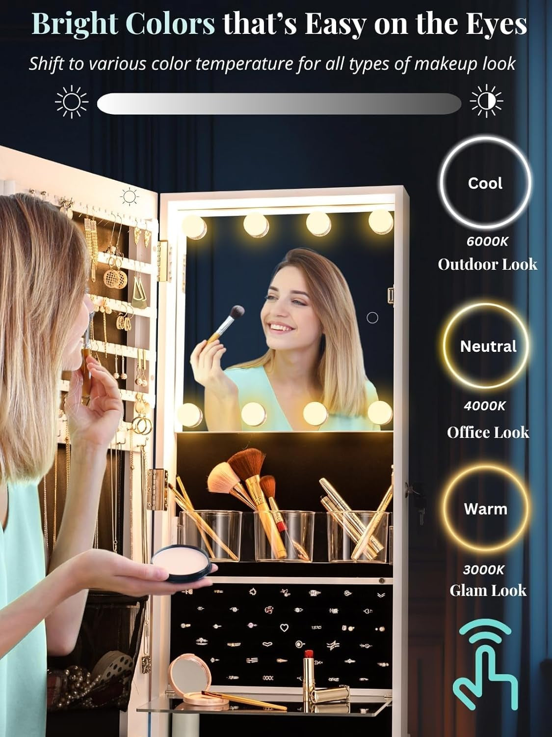 8 Leds Rotating Jewelry Armoire with Mirror, 66" Full Length Mirror with Jewelry Storage, Lockable Standing Mirror Jewelry Cabinet with 4 Wheels, 3 Color Modes Jewelry Organizer Mirror