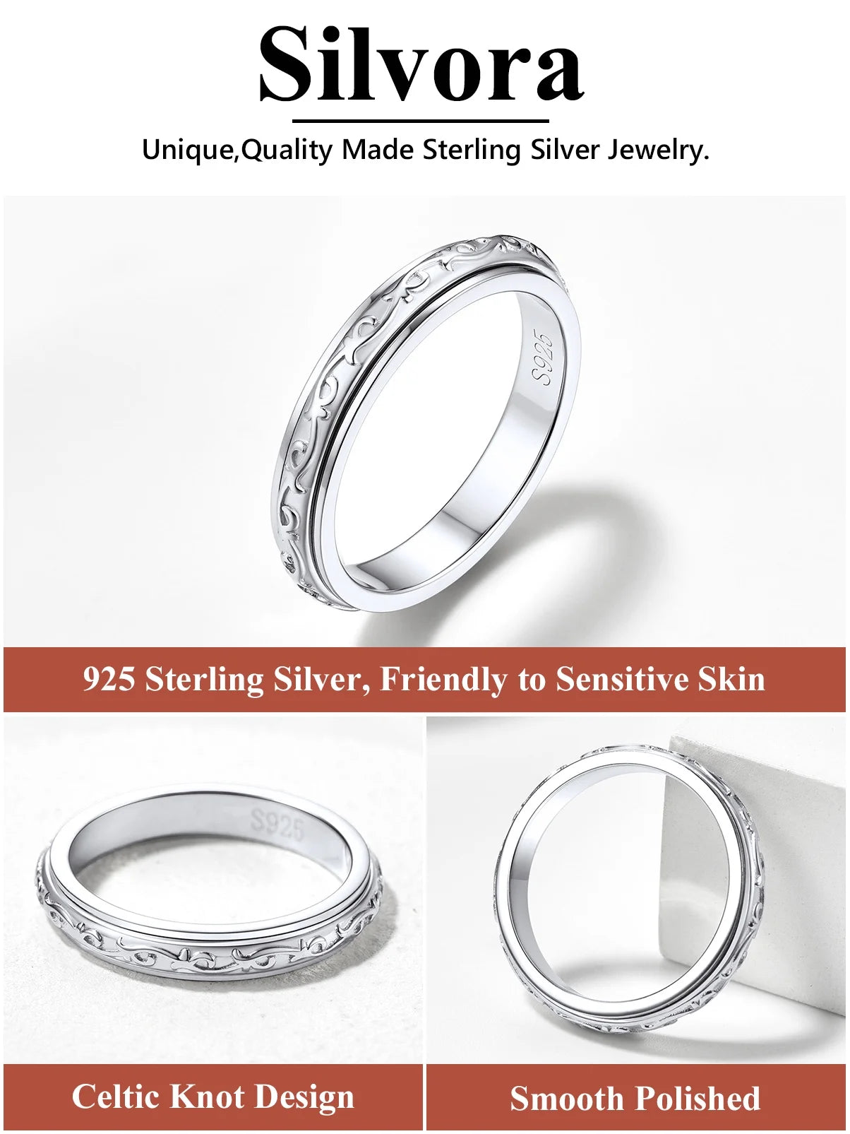 S925 Sterling Silver Fidget Rings Embossed Celtic Spinner Rings Anxiety Stress Relieving Band Gifts for Women, Size 6