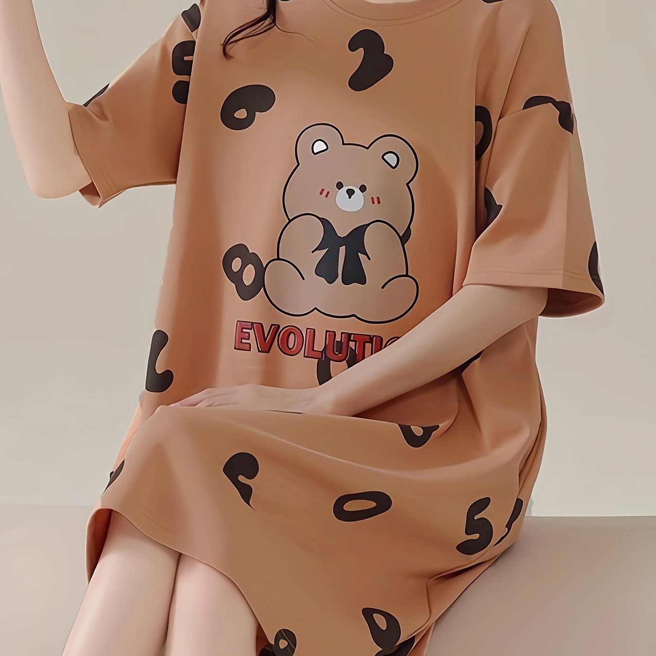 Cartoon Bear Print Short Sleeve Night Dress