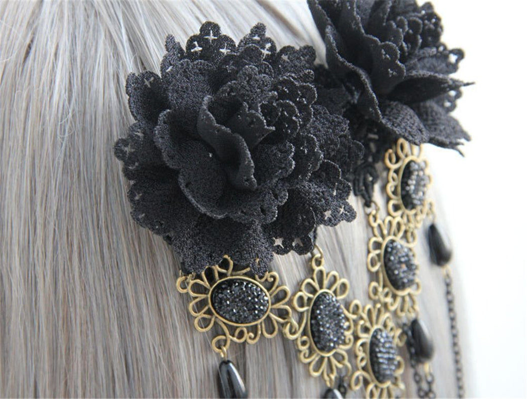 Gothic Vintage Black Lace Rose Flower Hair Clip with Pearl Chain Tassels Hair Barrettes for Women Princess Headwear