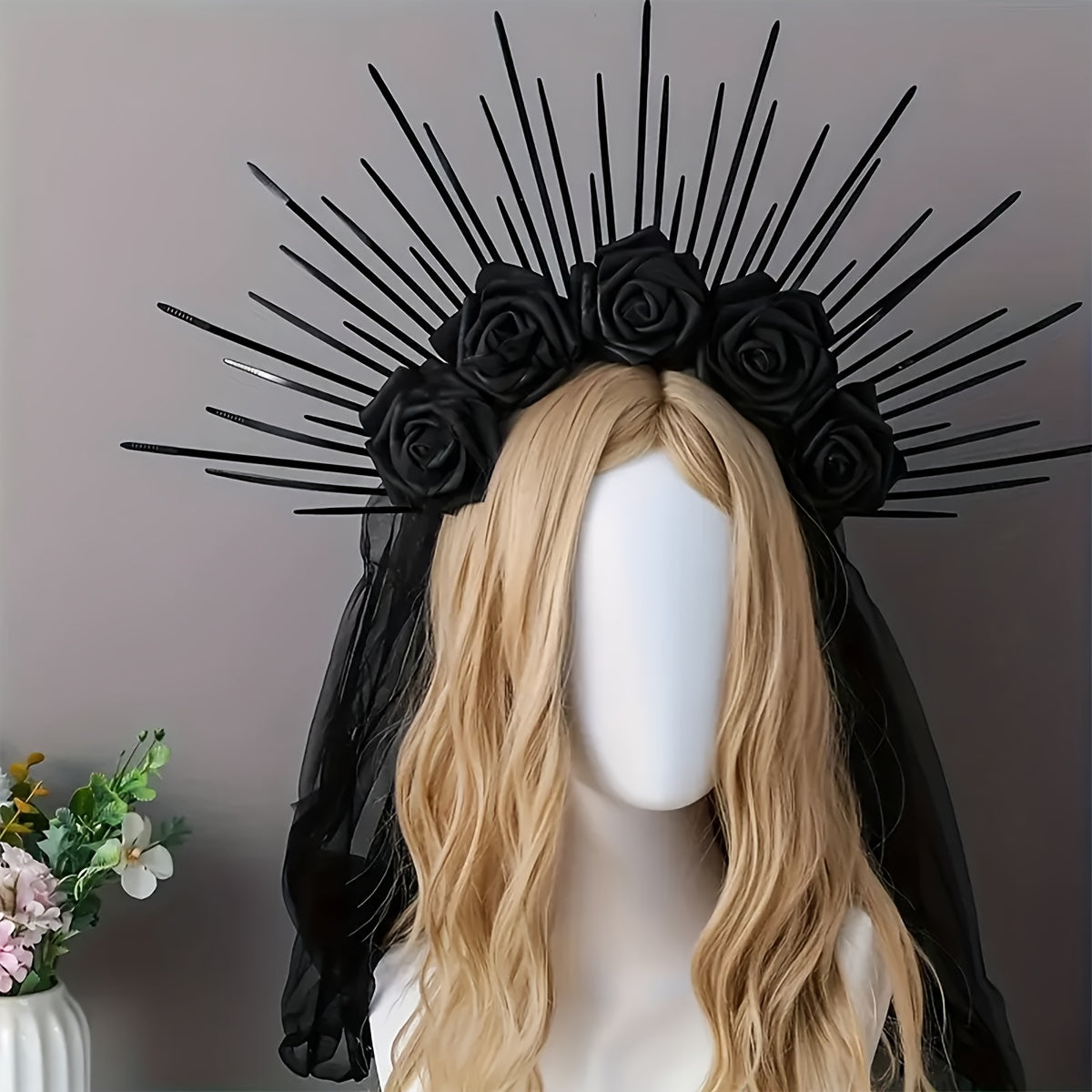 Halloween Goddess Crown Headband with Veil - Gothic Party Accessory, Non-Feathered Plastic Cosplay Hair Hoop