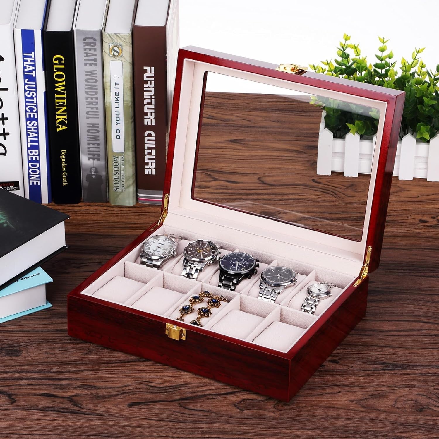 Watch Box, 10 Slots Wooden Watch Case with Removable Watch Pillow, Metal Clasp Watch Display, Watch Box Organizer for Men and Women
