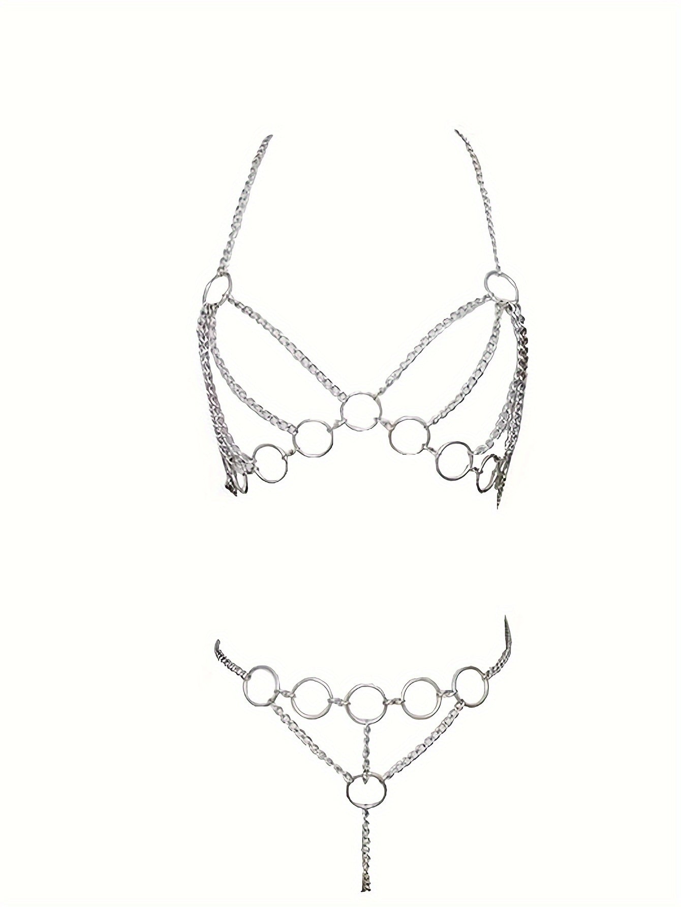 Hot Hollow Out Backless Ring Linked Chain Cosplay Costume, See Through Halter Top & Thong, Women's Sexy Lingerie & Underwear