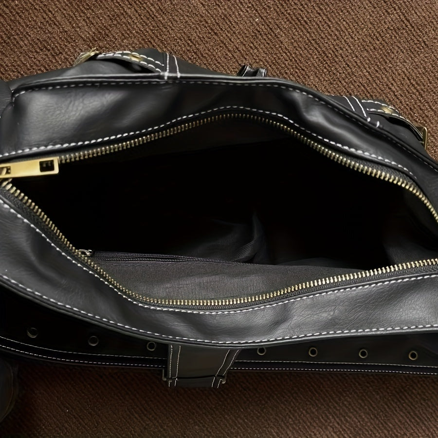 Steampunk Accessory| Stylish Black Punk-Style Crossbody Bag with Eyelet Belt