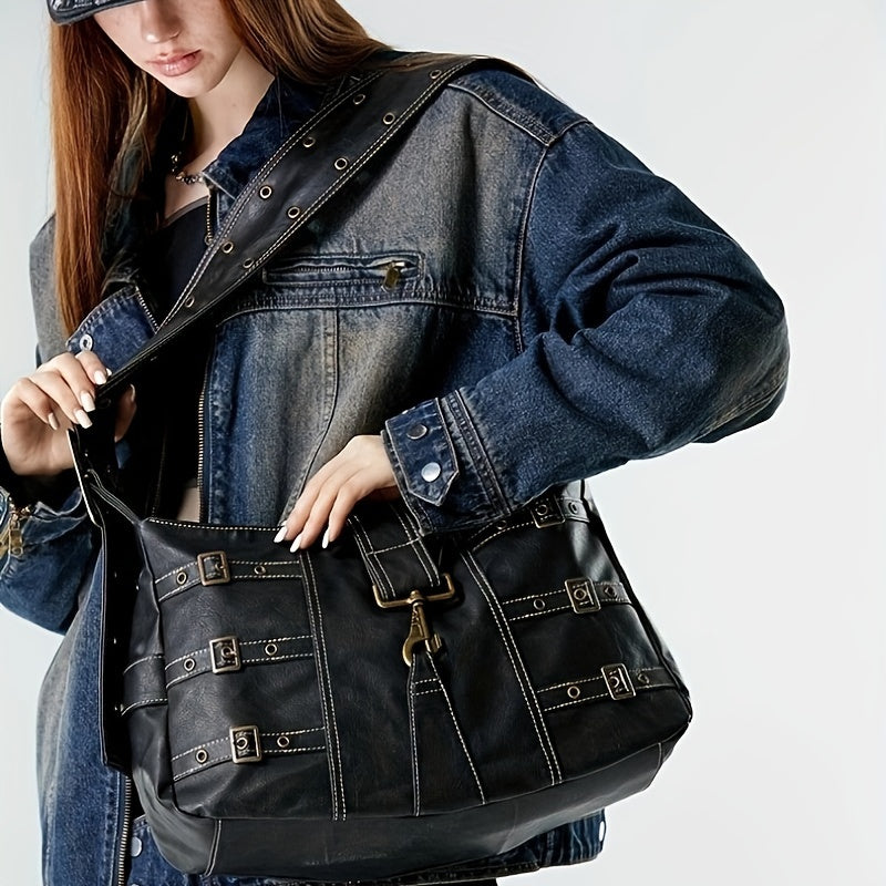 Steampunk Accessory| Stylish Black Punk-Style Crossbody Bag with Eyelet Belt