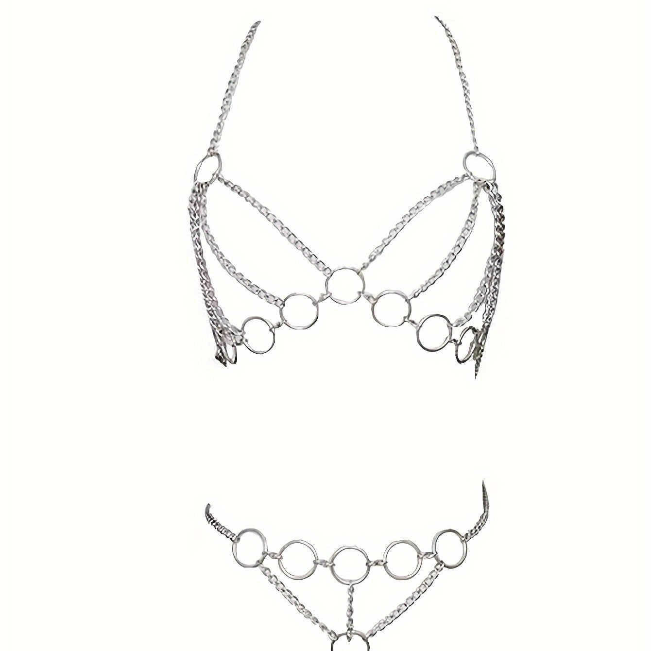 Hot Hollow Out Backless Ring Linked Chain Cosplay Costume, See Through Halter Top & Thong, Women's Sexy Lingerie & Underwear