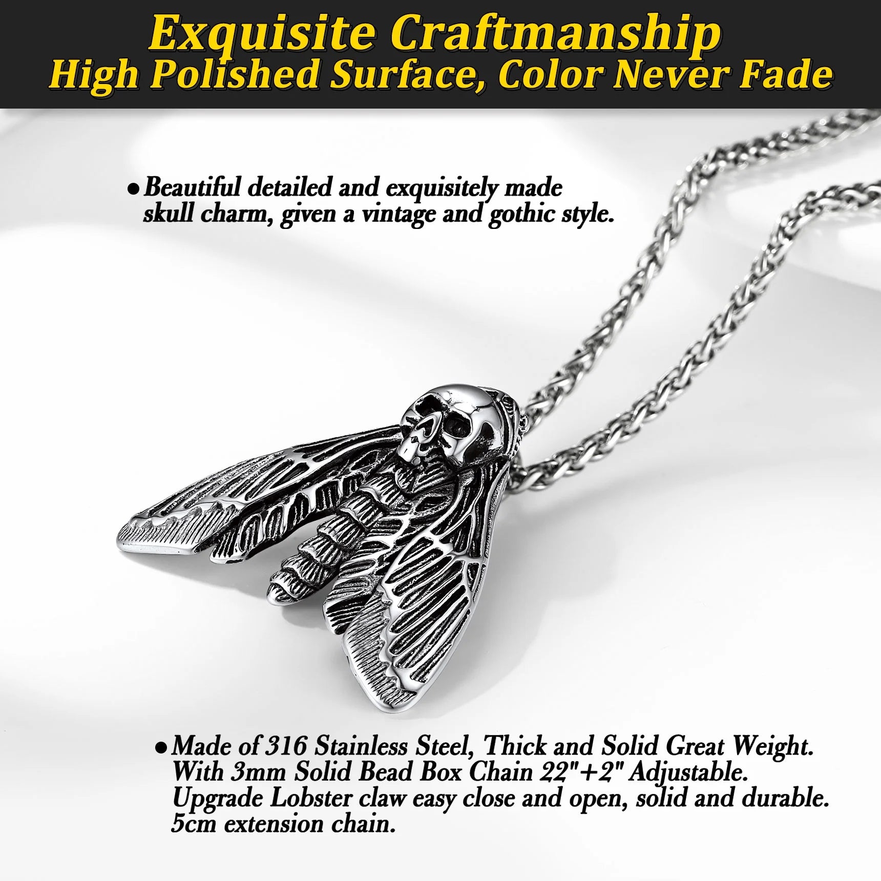 Death Head Moth Pendant Necklace for Men Stainless Steel Skull Butterfly Necklace Gothic Punk Jewelry Halloween Party